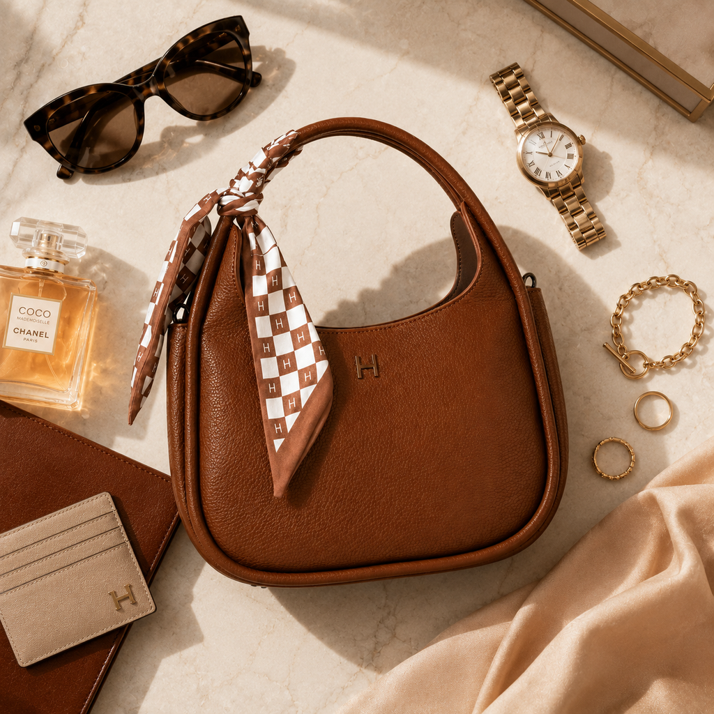 A brown pebbled leather hobo handbag with a matching monogram scarf tied to the handle, styled in a luxury flat lay with Chanel sunglasses, a Chanel Coco perfume bottle, a gold watch, rings, a wallet, and a card holder on a marble surface.