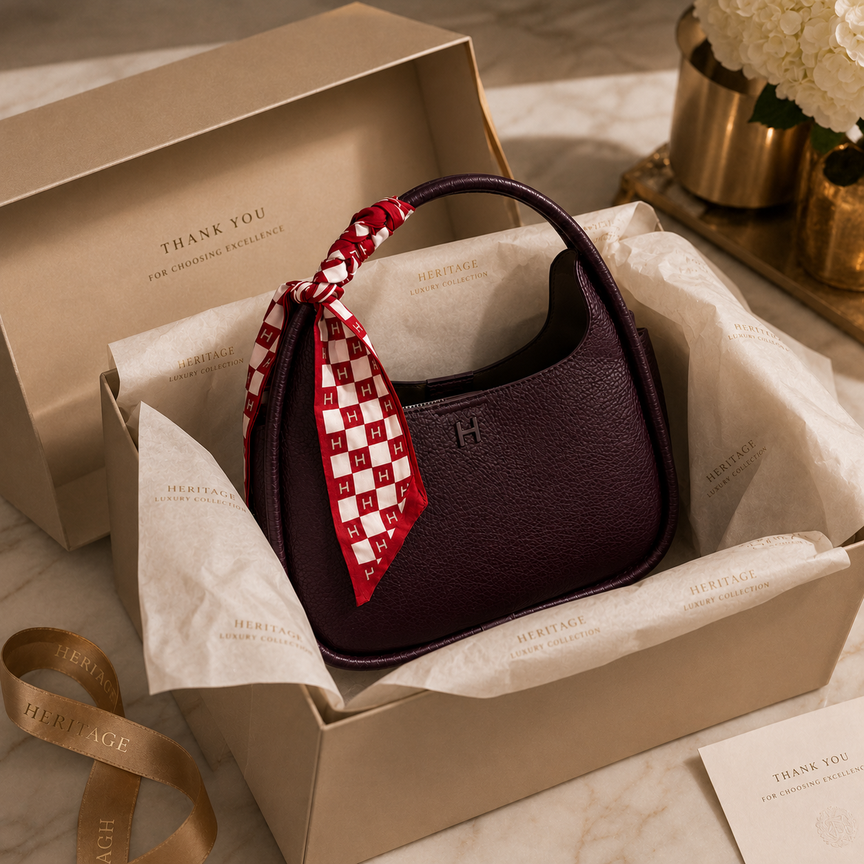 A burgundy pebbled leather handbag with a red and white checkered silk scarf tied to its handle, presented inside a beige Heritage box with branded tissue paper.