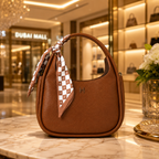 A brown pebbled leather handbag with a top handle, featuring a checkered brown and beige scarf tied to the handle, set on a marble counter in a luxury Dubai Mall environment.