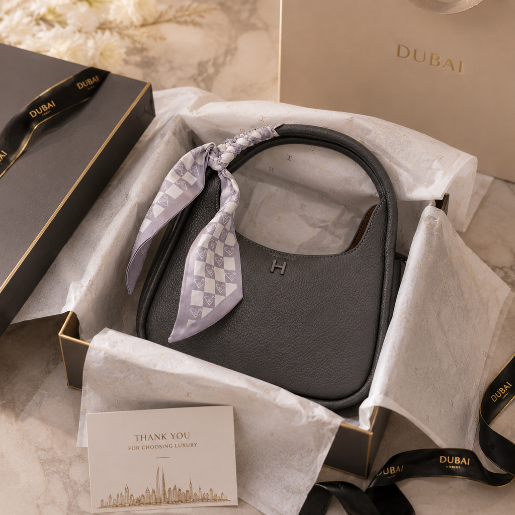 A dark gray pebbled leather handbag with a small silver 'H' logo, styled with a light purple and white patterned scarf tied to its handle. The bag is presented inside an open white tissue-lined gift box next to a black presentation box and a beige Dubai branded box on a marble surface.