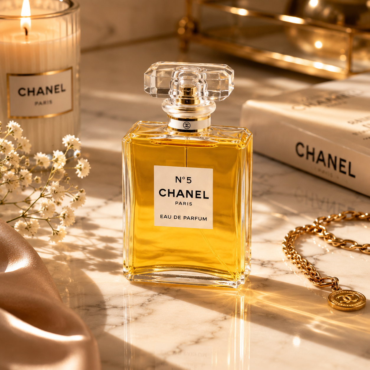 Luxury women's perfume displayed on a marble surface with soft beige tones and sophisticated styling.