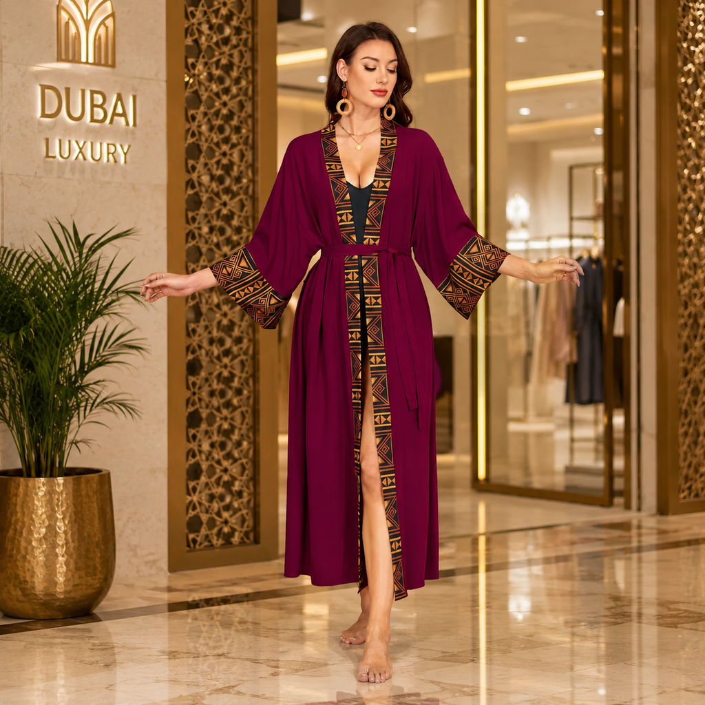 A woman stands barefoot in a luxury indoor setting wearing a long magenta-purple robe with gold and black geometric patterns along the collar, cuffs, and front opening. The background features a marble floor, decorative gold-toned columns, and a plant.