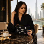 A woman in a black robe sits at a marble table holding a black Louis Vuitton monogram clutch bag, with a coffee cup nearby and a Dubai city skyline in the background.