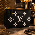 A black Louis Vuitton monogram pouch with white LV logos and floral motifs, featuring gold-tone hardware, displayed on a marble surface with a luxury background.