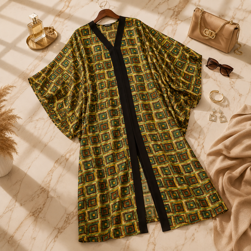 A loose, open-front kimono-style robe with a geometric multicolor print on a beige background, styled in a flat-lay with a gold handbag, sunglasses, jewelry, and a beige scarf on a marble surface.