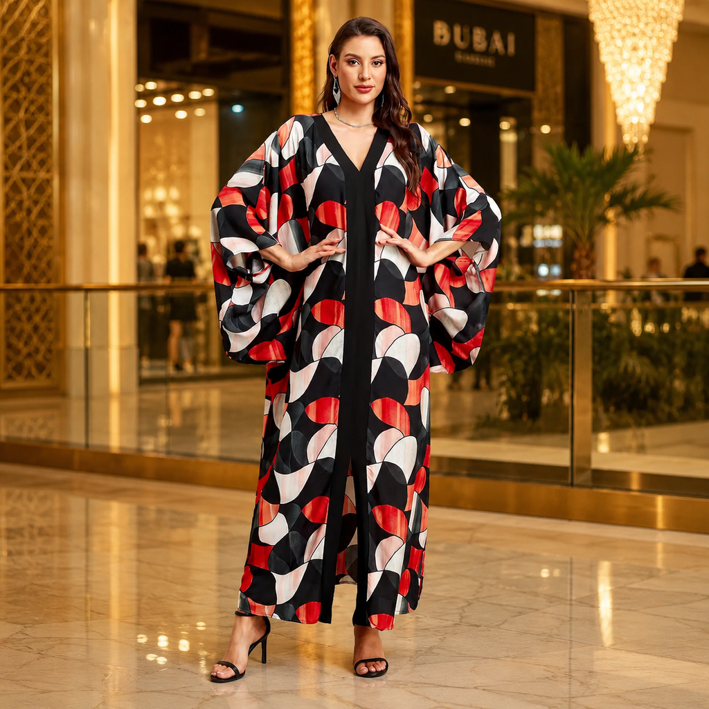 A woman models a long, flowing black maxi dress with wide sleeves and a bold abstract geometric pattern in red, white, and black, set against a luxurious indoor mall background.