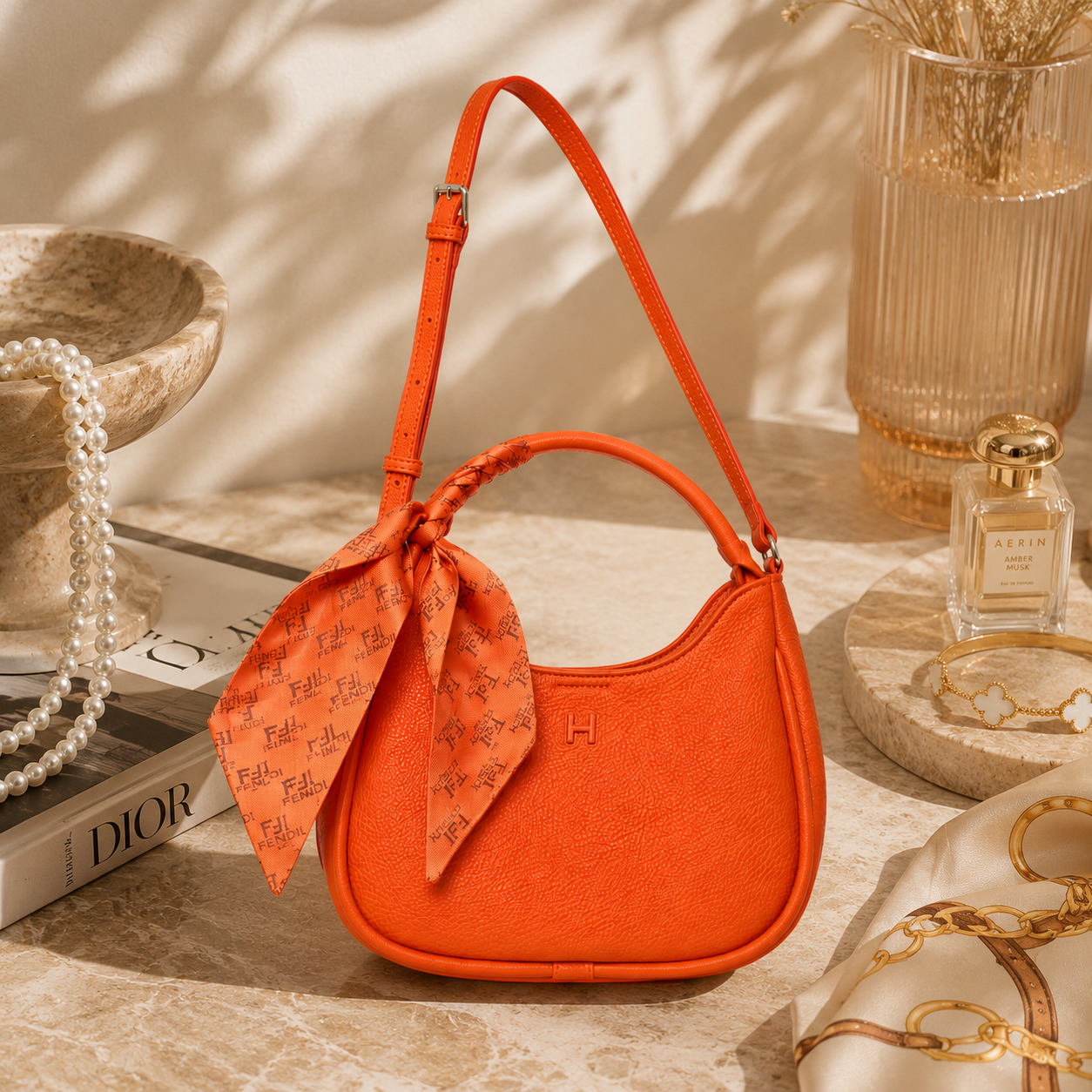 An orange pebbled leather shoulder bag with a matching orange monogram scarf tied in a bow, displayed on a marble surface with decorative props including books, a pearl strand, a perfume bottle, and a vase.