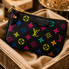 A black Louis Vuitton monogram pouch with colorful LV logos, resting on a beige velvet-lined box with a gold-toned frame.
