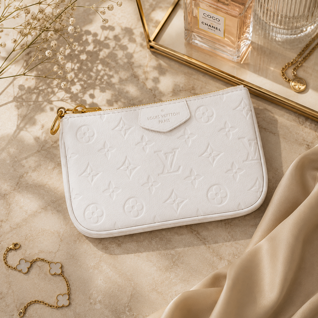 A white embossed Louis Vuitton zip pouch with gold-tone hardware, styled on a beige marble surface with dried flowers, a Chanel perfume bottle, and gold jewelry.