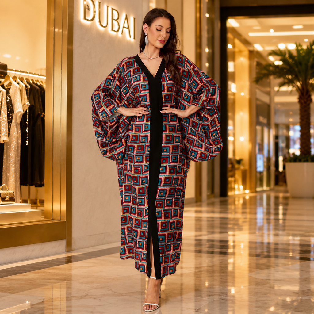 A woman models a long, wide-sleeved kaftan-style dress with a colorful geometric pattern in red, blue, and green over a black dress, standing in a luxury shopping mall corridor.