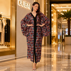 A woman models a long, wide-sleeved kaftan-style dress with a colorful geometric pattern in red, blue, and green over a black dress, standing in a luxury shopping mall corridor.