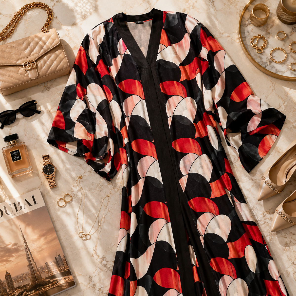 A long-sleeve open-front kimono-style robe with a bold abstract wave pattern in black, red, and off-white, styled in a luxury flat-lay with fashion accessories.