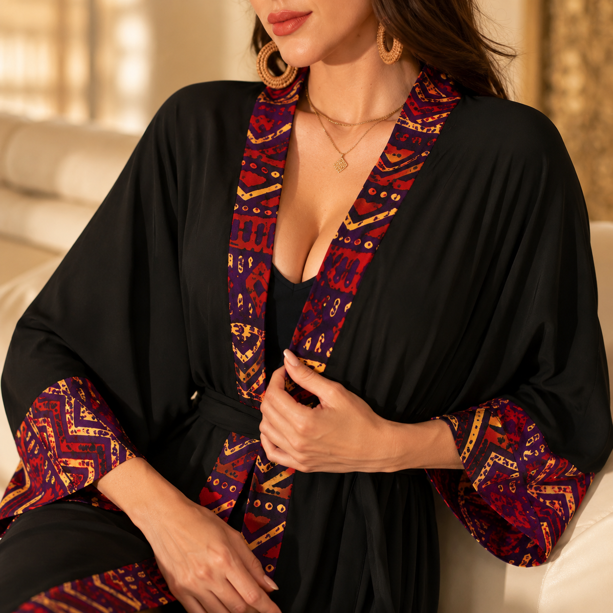 A woman wearing a black kimono-style robe with richly patterned red, purple, and gold trim along the neckline and sleeves, styled in a warm, sunlit indoor setting.