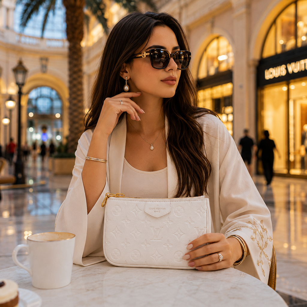 A woman in a luxury mall setting wearing a white embroidered kimono jacket and holding a white embossed monogram handbag. She is wearing dark sunglasses and jewelry, with a coffee cup on the table in the foreground and a Louis Vuitton store in the background.