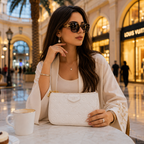 A woman in a luxury mall setting wearing a white embroidered kimono jacket and holding a white embossed monogram handbag. She is wearing dark sunglasses and jewelry, with a coffee cup on the table in the foreground and a Louis Vuitton store in the background.